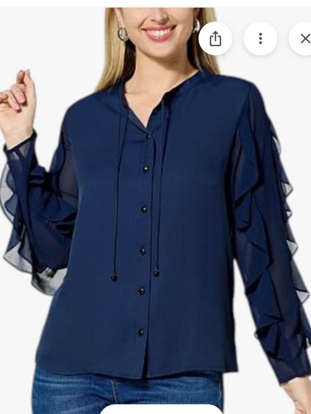 DG2 by Diane Gilman Chiffon Ruffle LongSleeve Button-up Blouse. Navy Size L. NWT